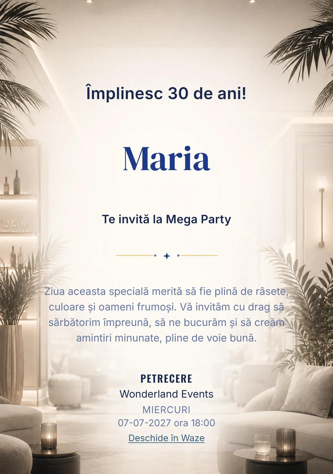 Modelul White Lounge, invitație de zi de naștere pentru adulți, prezintă interior lounge estompat, alb cald și accente negre fine.