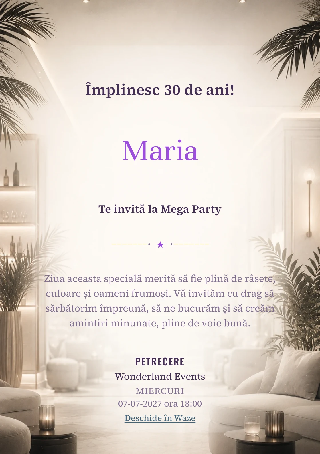 Modelul White Lounge, invitație de zi de naștere pentru adulți, prezintă interior lounge estompat, alb cald și accente negre fine.