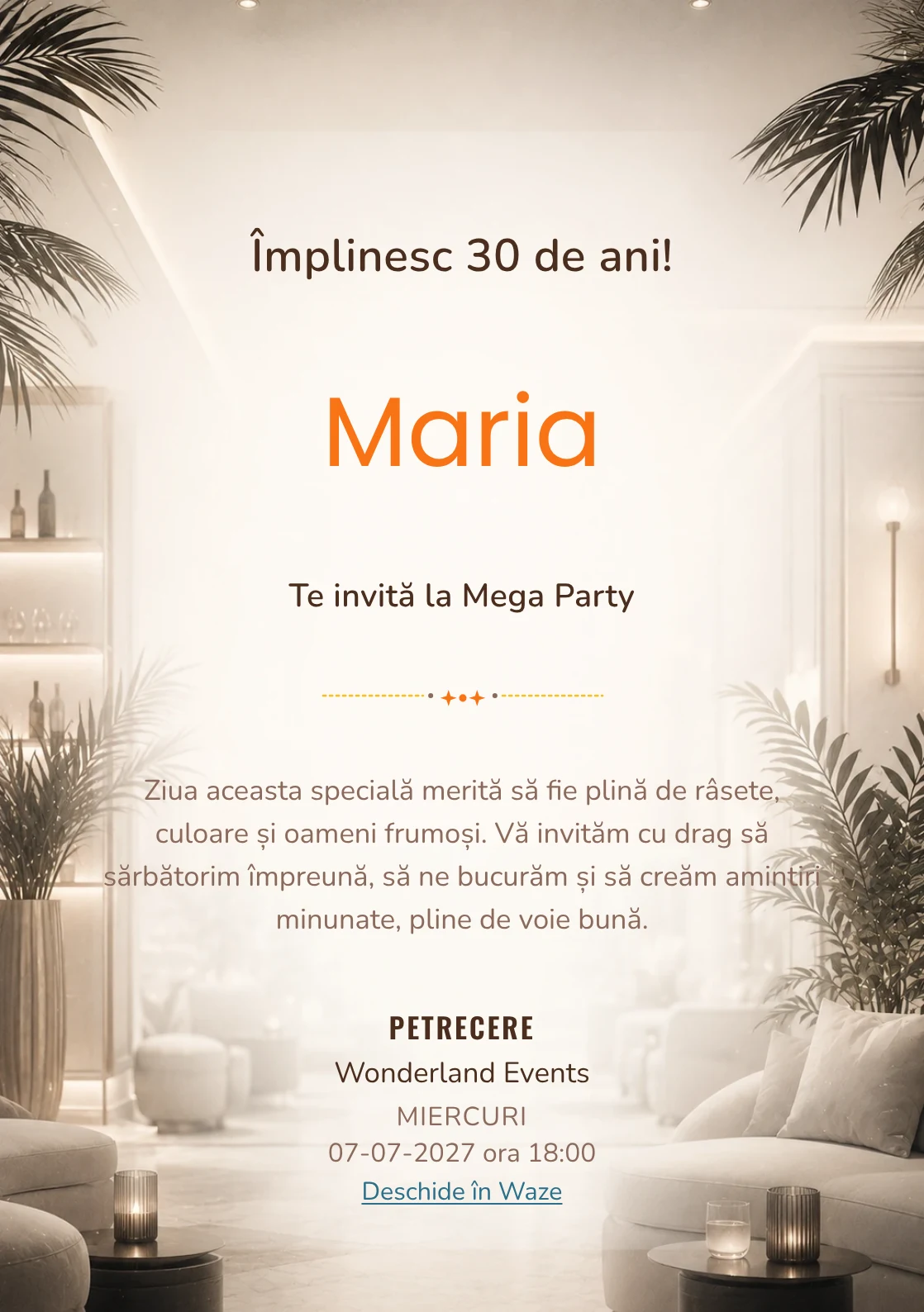 Modelul White Lounge, invitație de zi de naștere pentru adulți, prezintă interior lounge estompat, alb cald și accente negre fine.