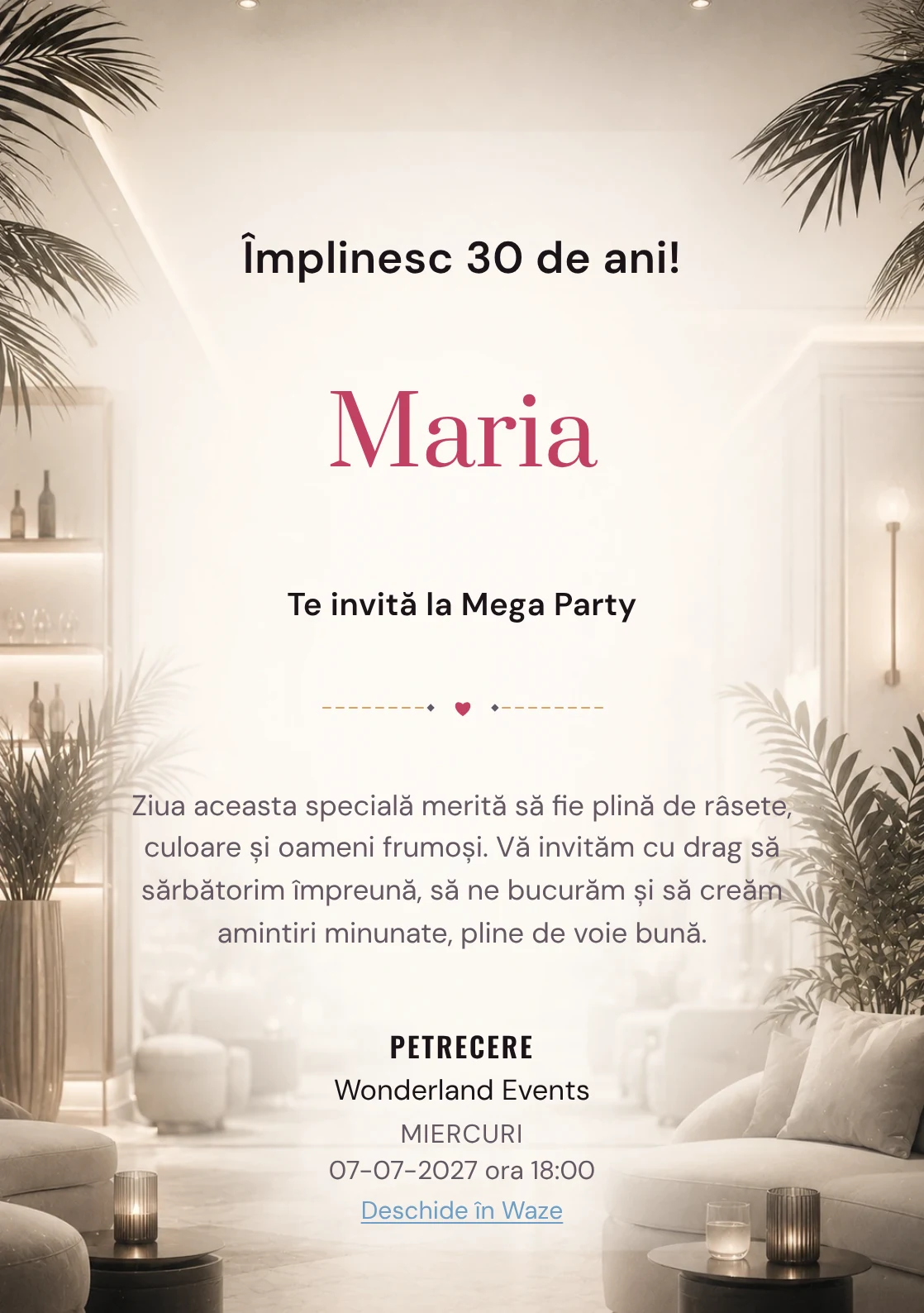 Modelul White Lounge, invitație de zi de naștere pentru adulți, prezintă interior lounge estompat, alb cald și accente negre fine.