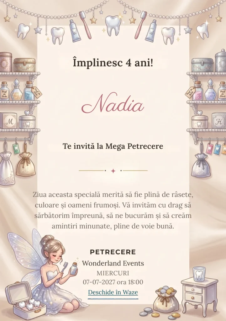 Zâna Măseluță – Magia Dințișorilor, invitație de zi de naștere pentru copii, cu o zână delicată, dințișori, periuțe, poțiuni.