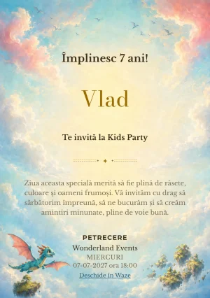 Modelul Zborul Micului Dragon, invitație de zi de naștere pentru copii, prezintă un dragon-copil cu corp turcoaz și aripi coral.