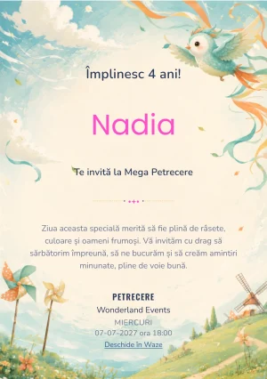 Ziua cu Vânt, invitație de zi de naștere pentru copii, cu o creatură-pasăre plutind lateral.