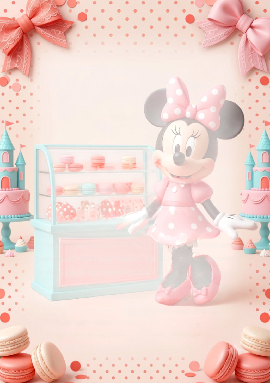 Designul Boutique Minnie, din gama de invitații digitale botez, reunește Minnie Mouse lângă o vitrină cu panglici couture.