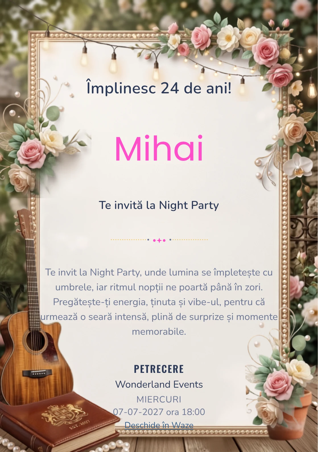 Acoustic Garden este un model de invitații online pentru o aniversare adultă, definit vizual de o chitară și lumini suspendate discrete.