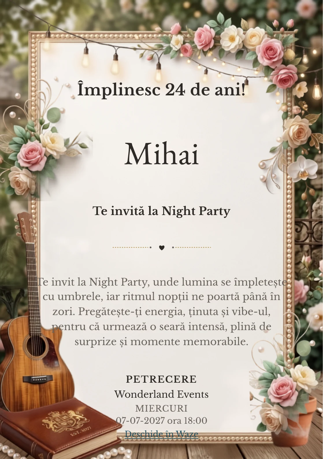 Acoustic Garden este un model de invitații online pentru o aniversare adultă, definit vizual de o chitară și lumini suspendate discrete.