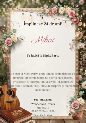 Acoustic Garden este un model de invitații online pentru o aniversare adultă, definit vizual de o chitară și lumini suspendate discrete.