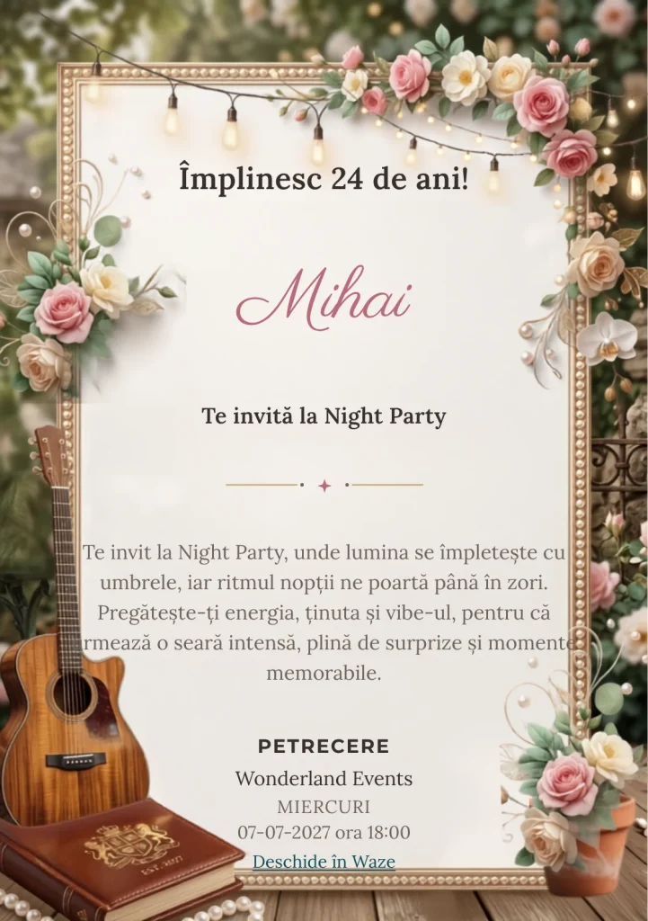 Acoustic Garden este un model de invitații online pentru o aniversare adultă, definit vizual de o chitară și lumini suspendate discrete.