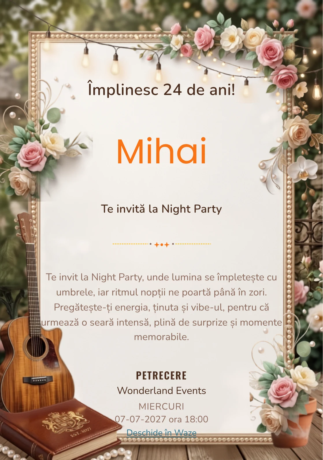 Acoustic Garden este un model de invitații online pentru o aniversare adultă, definit vizual de o chitară și lumini suspendate discrete.