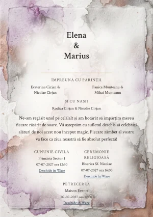 Acuarelă de Piatră, în colecția de invitații nuntă, are ca reper vizual pete de aquarelle minerală, în nuanțe de alb natural, lila cerneală diluată și gri ploaie cald.