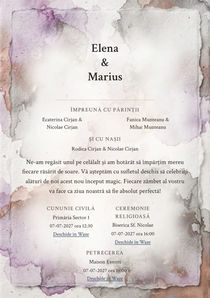 Acuarelă de Piatră, în colecția de invitații nuntă, are ca reper vizual pete de aquarelle minerală, în nuanțe de alb natural, lila cerneală diluată și gri ploaie cald.