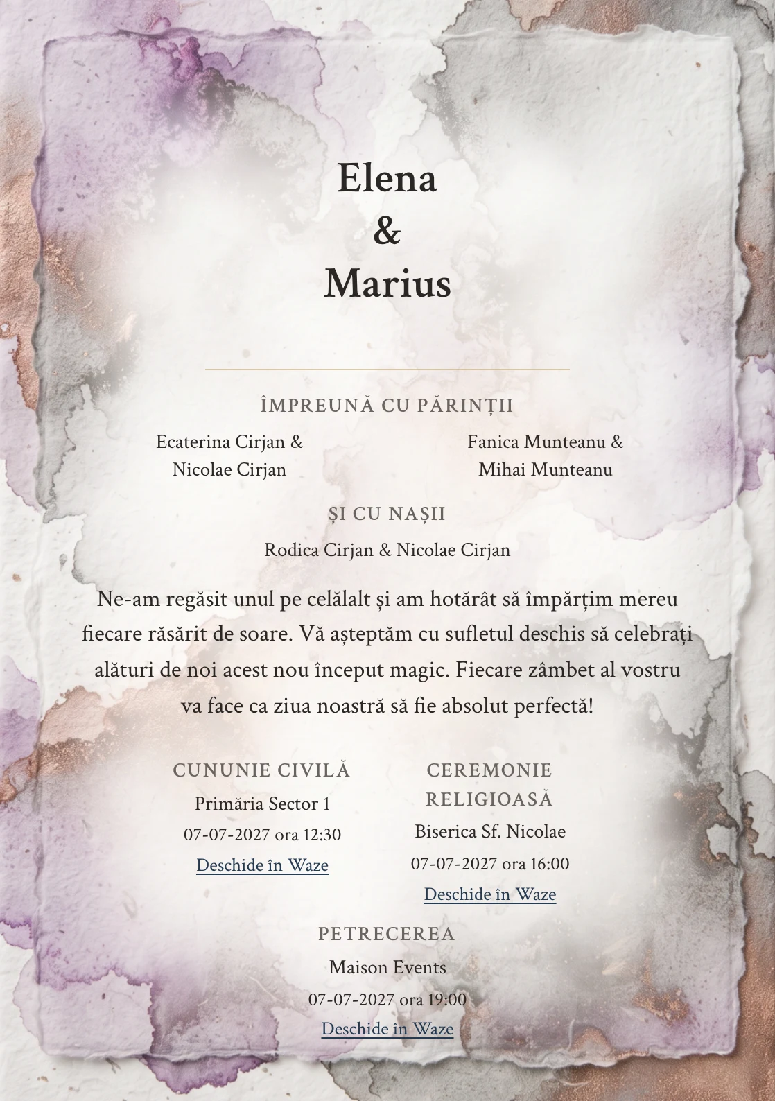 Acuarelă de Piatră, în colecția de invitații nuntă, are ca reper vizual pete de aquarelle minerală, în nuanțe de alb natural, lila cerneală diluată și gri ploaie cald.
