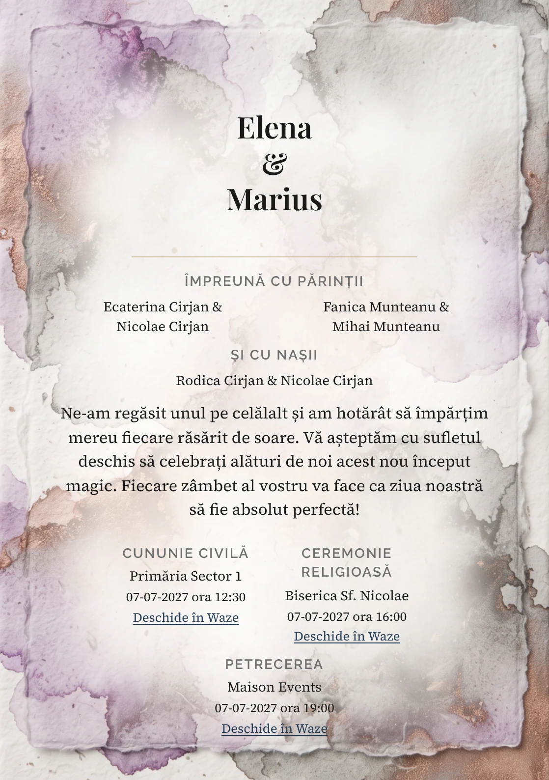 Acuarelă de Piatră, în colecția de invitații nuntă, are ca reper vizual pete de aquarelle minerală, în nuanțe de alb natural, lila cerneală diluată și gri ploaie cald.