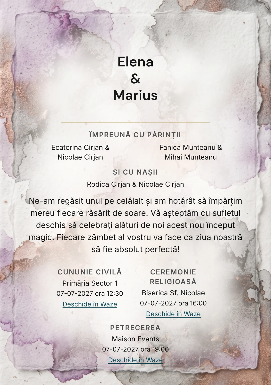 Acuarelă de Piatră, în colecția de invitații nuntă, are ca reper vizual pete de aquarelle minerală, în nuanțe de alb natural, lila cerneală diluată și gri ploaie cald.