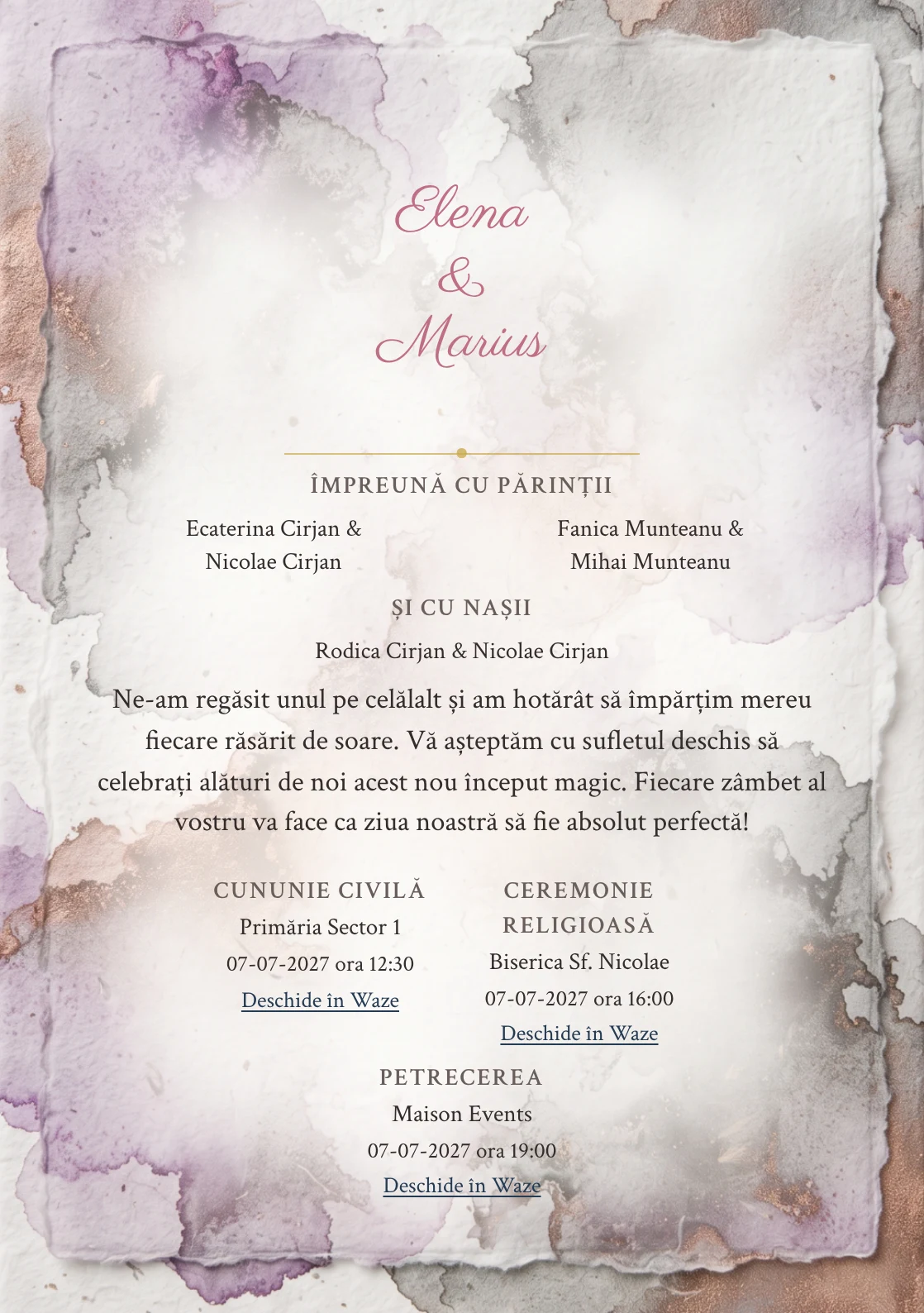 Acuarelă de Piatră, în colecția de invitații nuntă, are ca reper vizual pete de aquarelle minerală, în nuanțe de alb natural, lila cerneală diluată și gri ploaie cald.