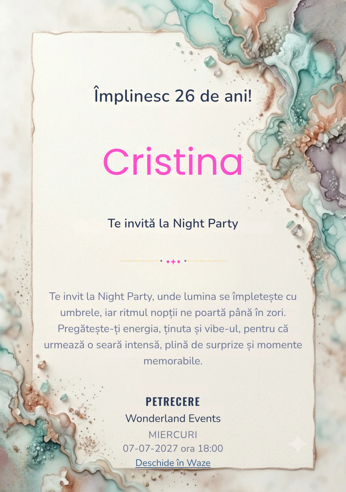 Acuarelă Minerală este un model de invitații online de zi de naștere, definit vizual de pete minerale fluide.