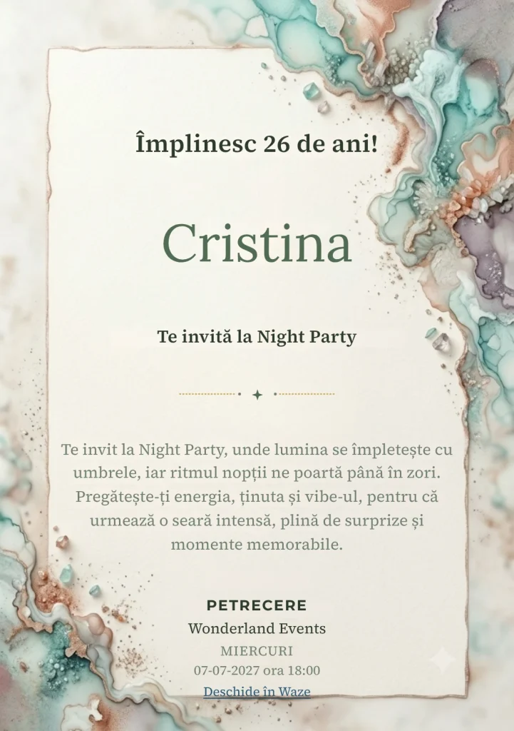 Acuarelă Minerală este un model de invitații online de zi de naștere, definit vizual de pete minerale fluide.
