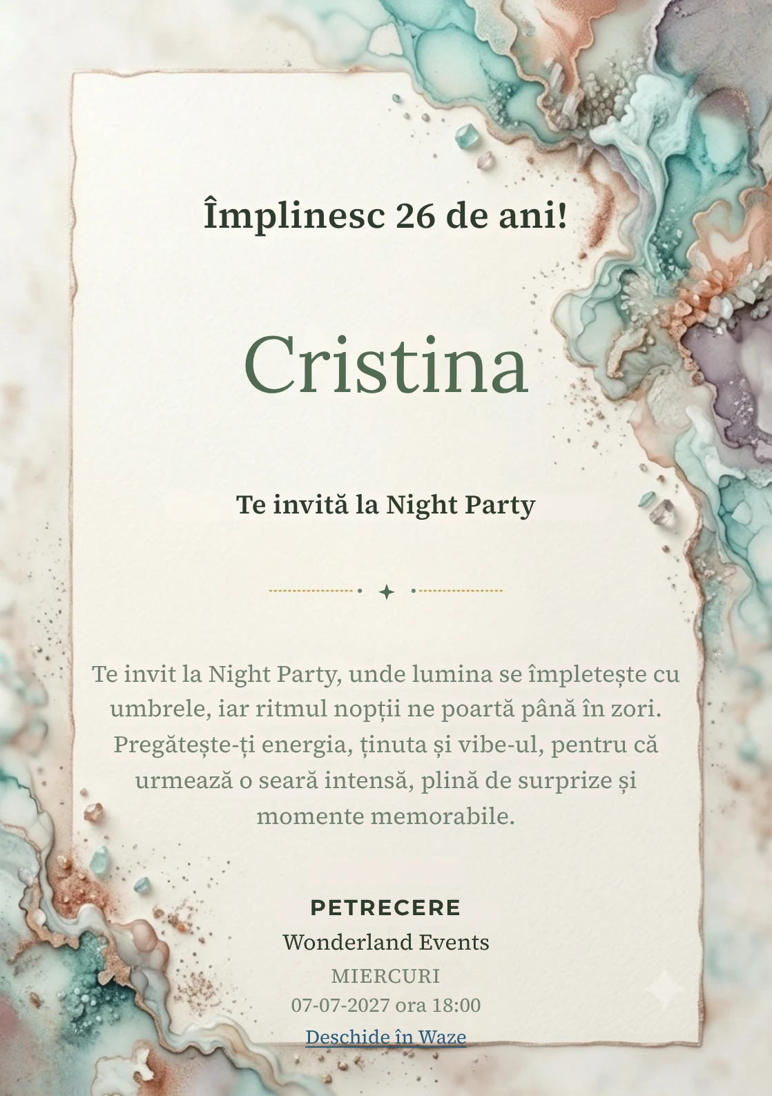 Acuarelă Minerală este un model de invitații online de zi de naștere, definit vizual de pete minerale fluide.