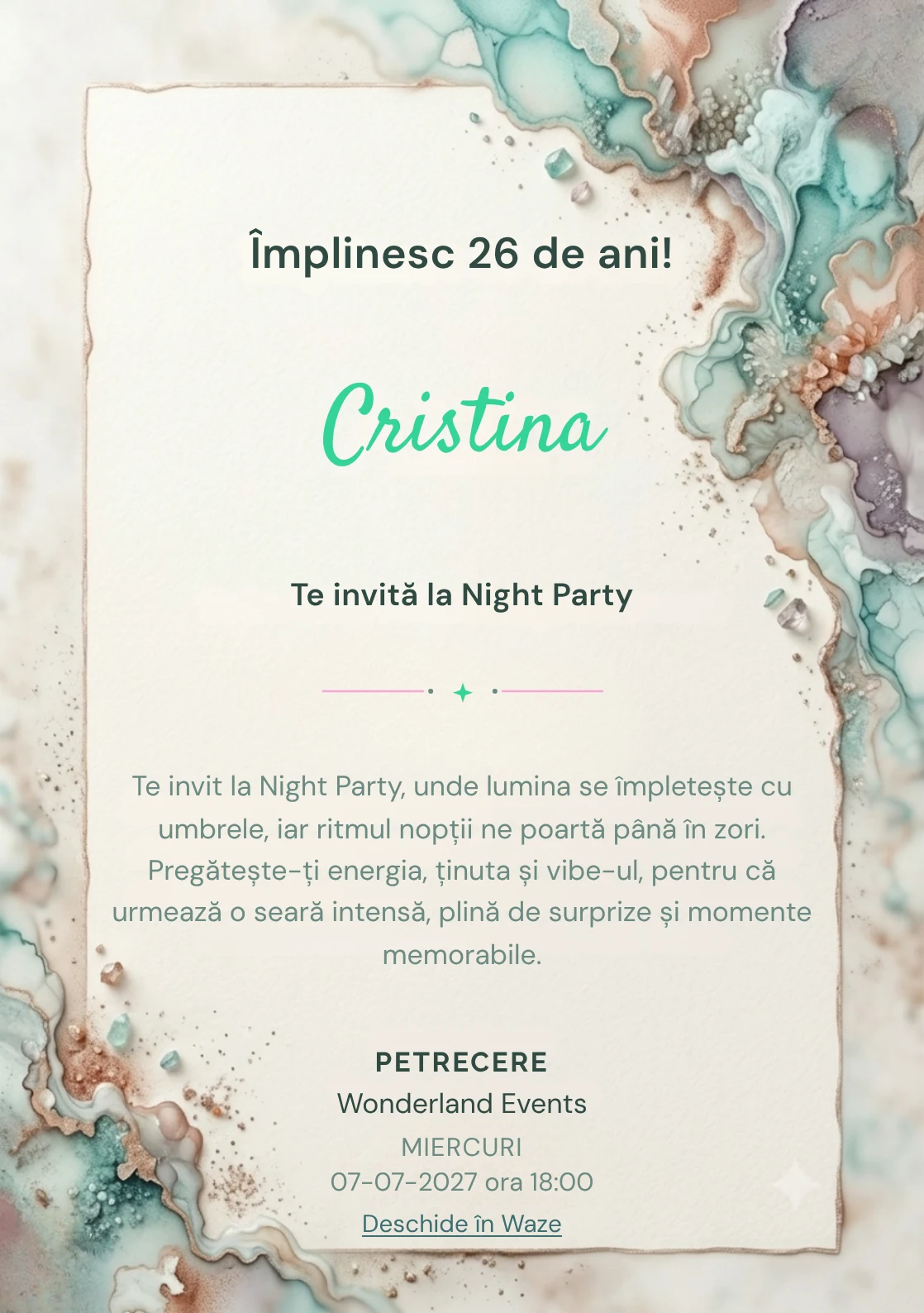 Acuarelă Minerală este un model de invitații online de zi de naștere, definit vizual de pete minerale fluide.