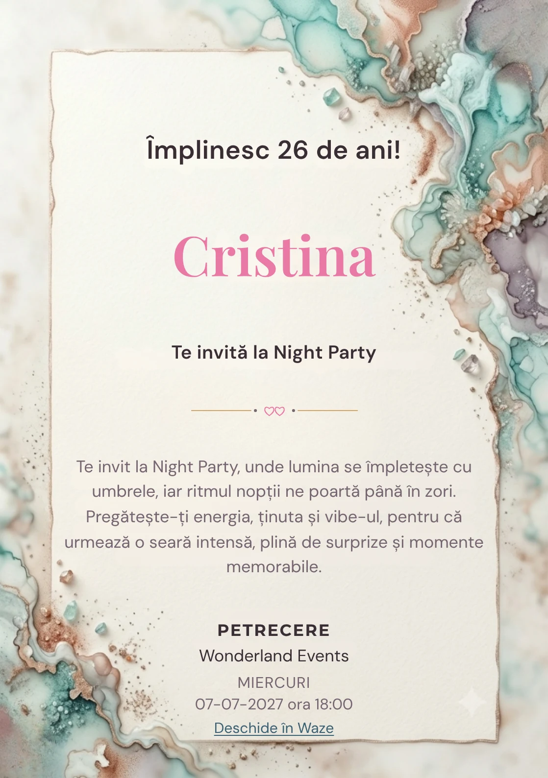 Acuarelă Minerală este un model de invitații online de zi de naștere, definit vizual de pete minerale fluide.
