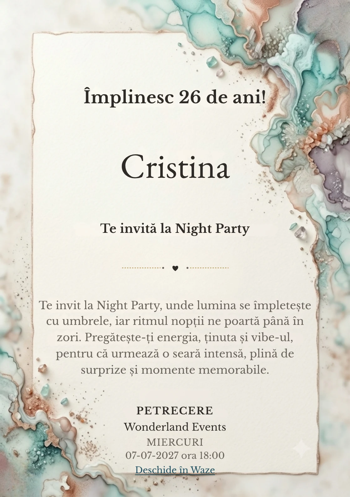 Acuarelă Minerală este un model de invitații online de zi de naștere, definit vizual de pete minerale fluide.