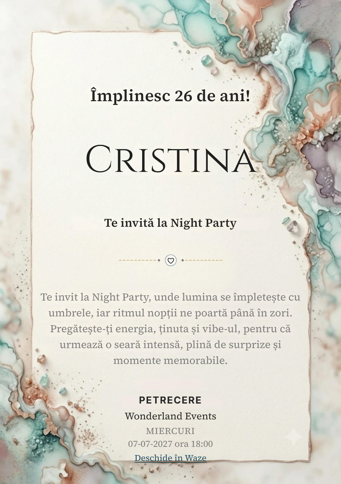 Acuarelă Minerală este un model de invitații online de zi de naștere, definit vizual de pete minerale fluide.