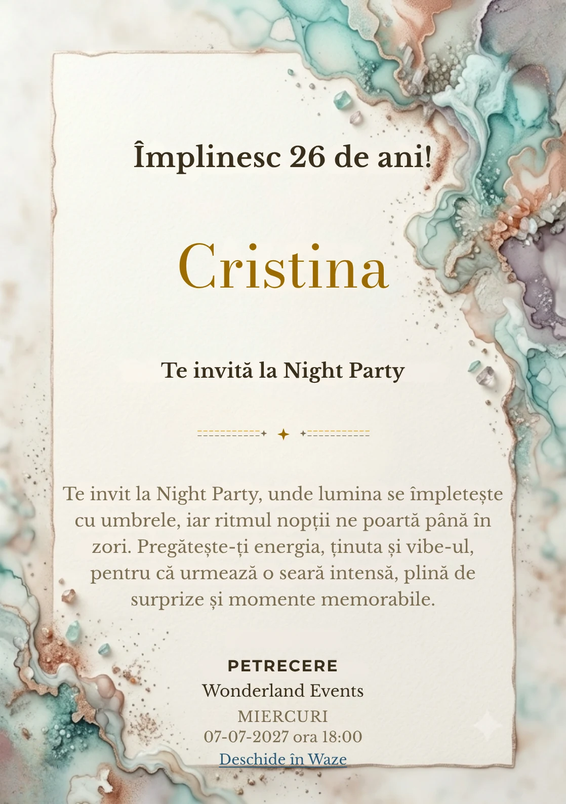 Acuarelă Minerală este un model de invitații online de zi de naștere, definit vizual de pete minerale fluide.