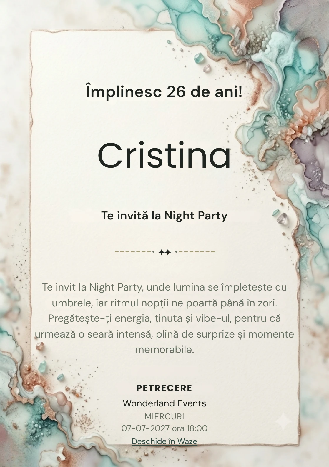 Acuarelă Minerală este un model de invitații online de zi de naștere, definit vizual de pete minerale fluide.