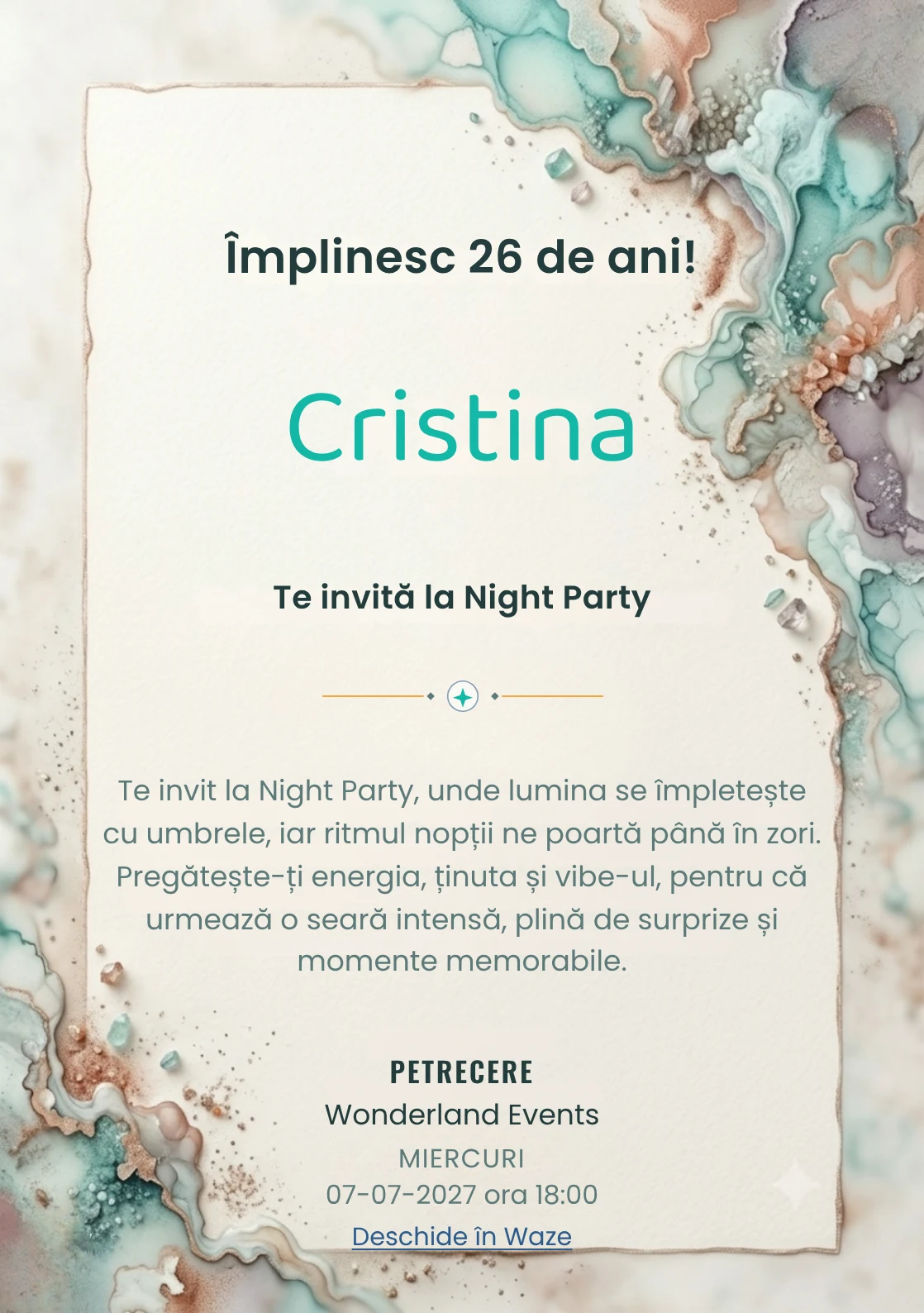 Acuarelă Minerală este un model de invitații online de zi de naștere, definit vizual de pete minerale fluide.