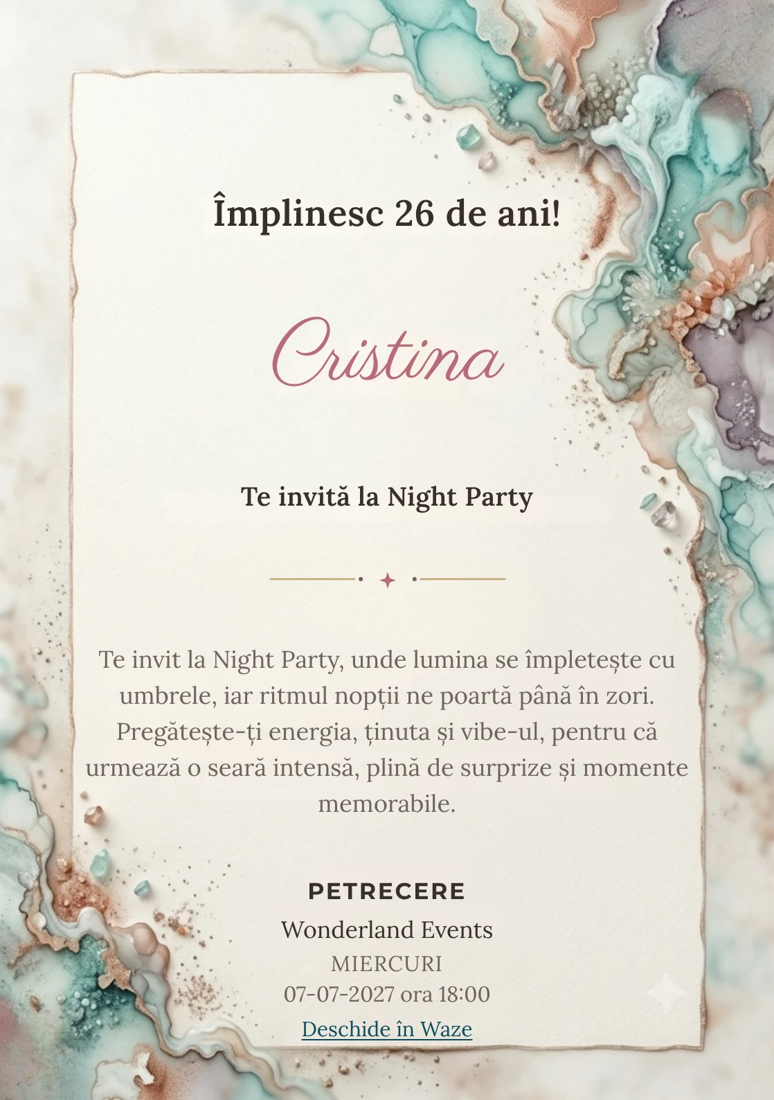 Acuarelă Minerală este un model de invitații online de zi de naștere, definit vizual de pete minerale fluide.