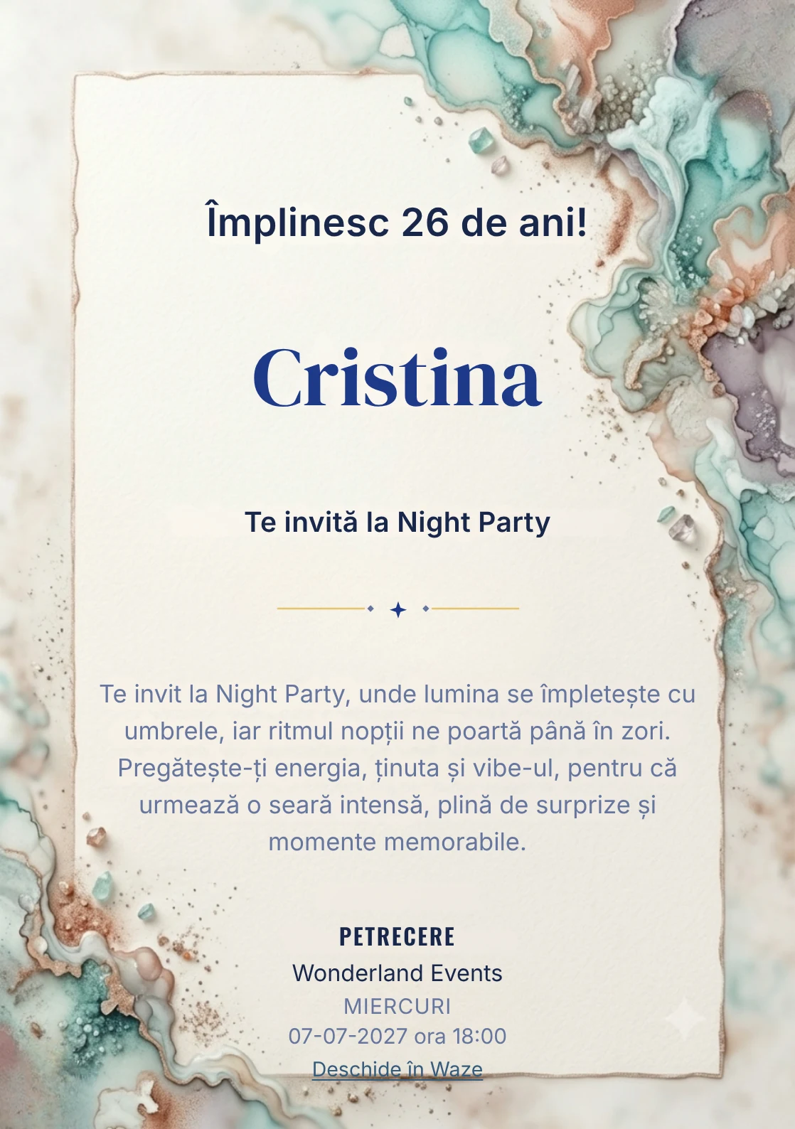 Acuarelă Minerală este un model de invitații online de zi de naștere, definit vizual de pete minerale fluide.