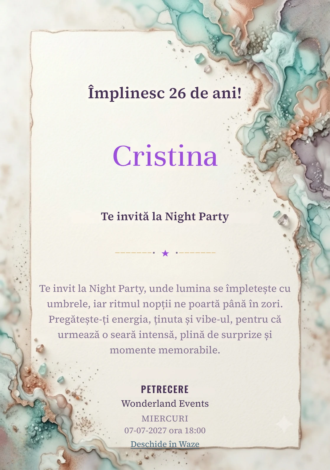 Acuarelă Minerală este un model de invitații online de zi de naștere, definit vizual de pete minerale fluide.