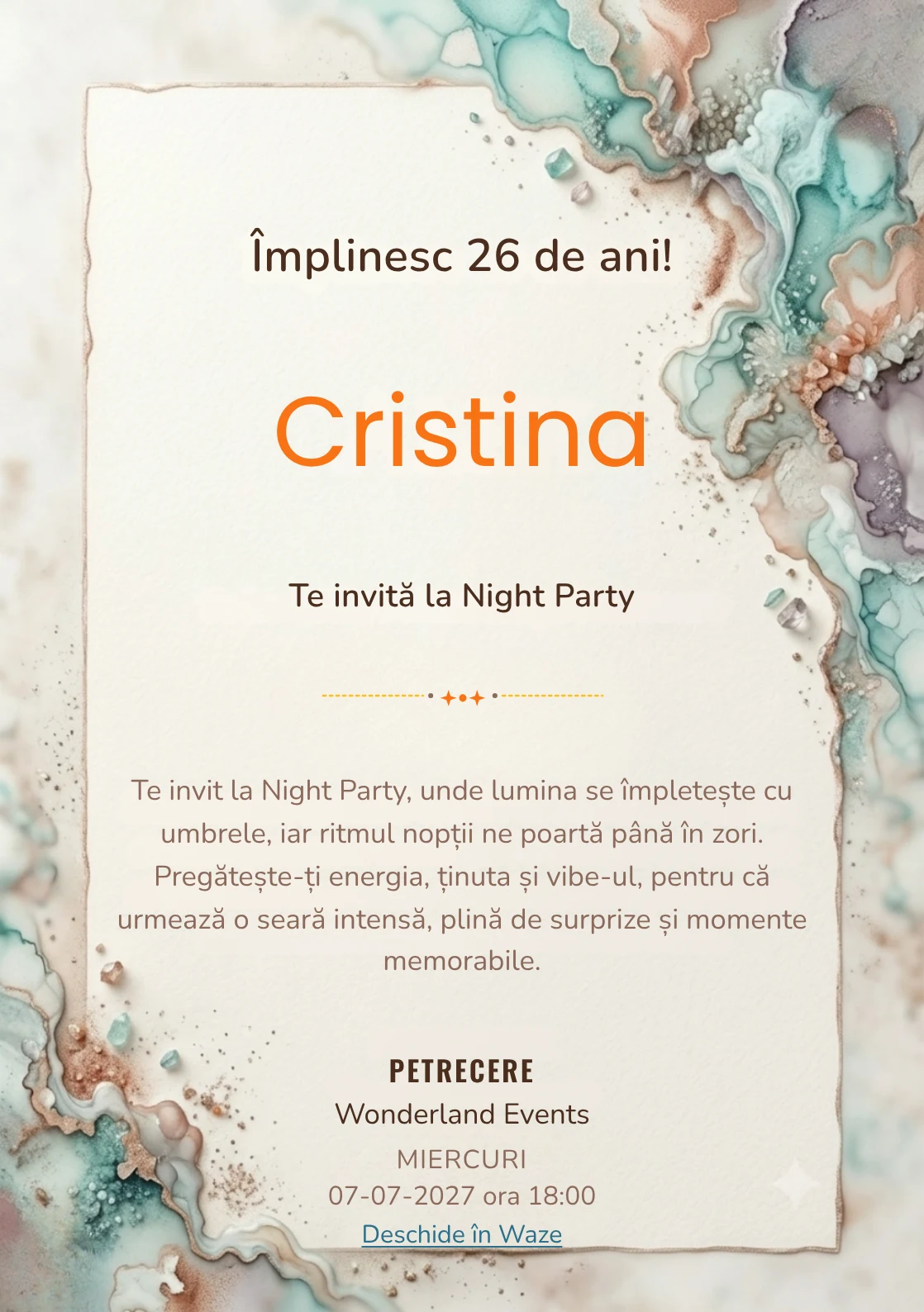 Acuarelă Minerală este un model de invitații online de zi de naștere, definit vizual de pete minerale fluide.