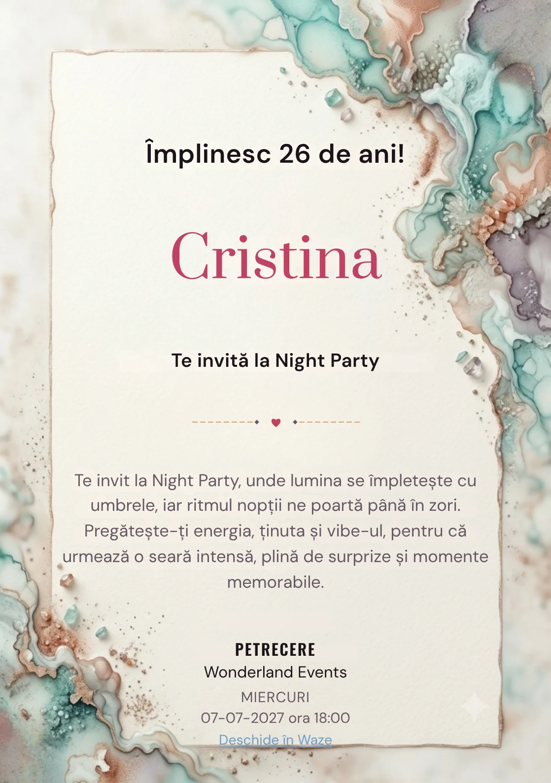 Acuarelă Minerală este un model de invitații online de zi de naștere, definit vizual de pete minerale fluide.