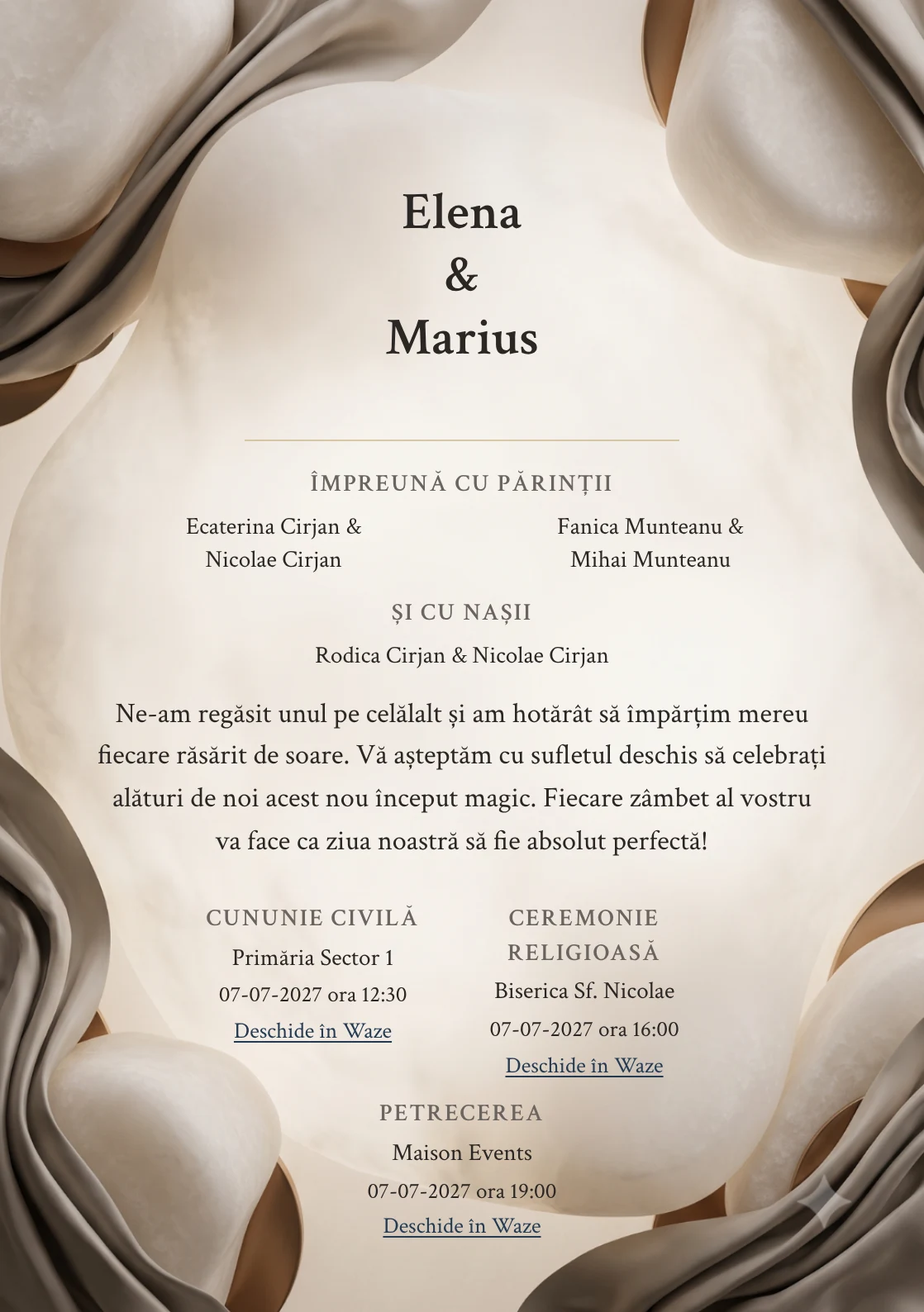 Alabastru Tăcut, pentru o invitație de nuntă, prezintă volum de alabastru cu muchii rotunjite, completat vizual de nuanțe de alabastru, grej mătăsos și bronz deschis.