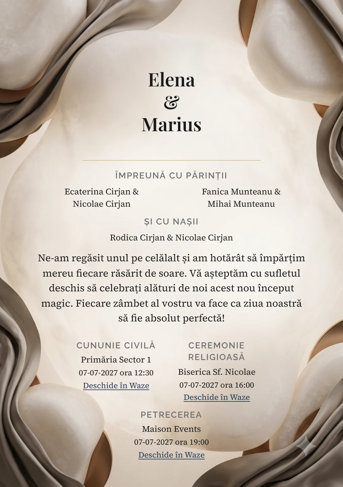 Alabastru Tăcut, pentru o invitație de nuntă, prezintă volum de alabastru cu muchii rotunjite, completat vizual de nuanțe de alabastru, grej mătăsos și bronz deschis.