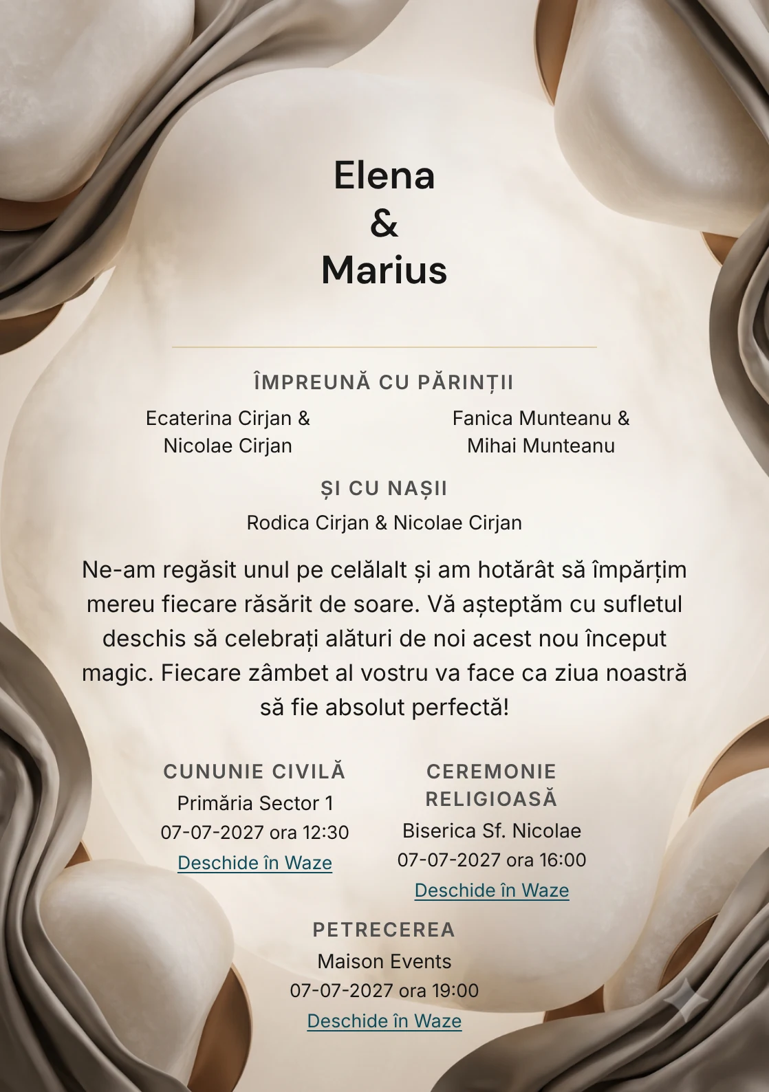 Alabastru Tăcut, pentru o invitație de nuntă, prezintă volum de alabastru cu muchii rotunjite, completat vizual de nuanțe de alabastru, grej mătăsos și bronz deschis.
