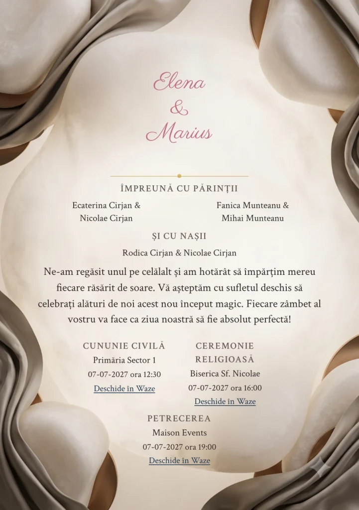 Alabastru Tăcut, pentru o invitație de nuntă, prezintă volum de alabastru cu muchii rotunjite, completat vizual de nuanțe de alabastru, grej mătăsos și bronz deschis.