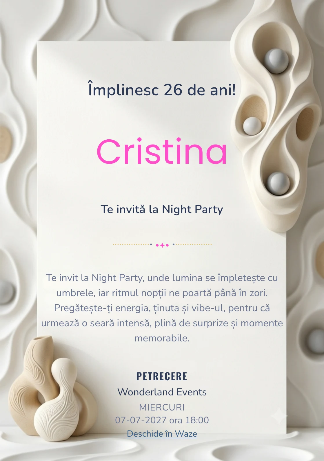 Alb Sculptural este un model de invitații digitale de zi de naștere, definit vizual de o formă sculpturală verticală.