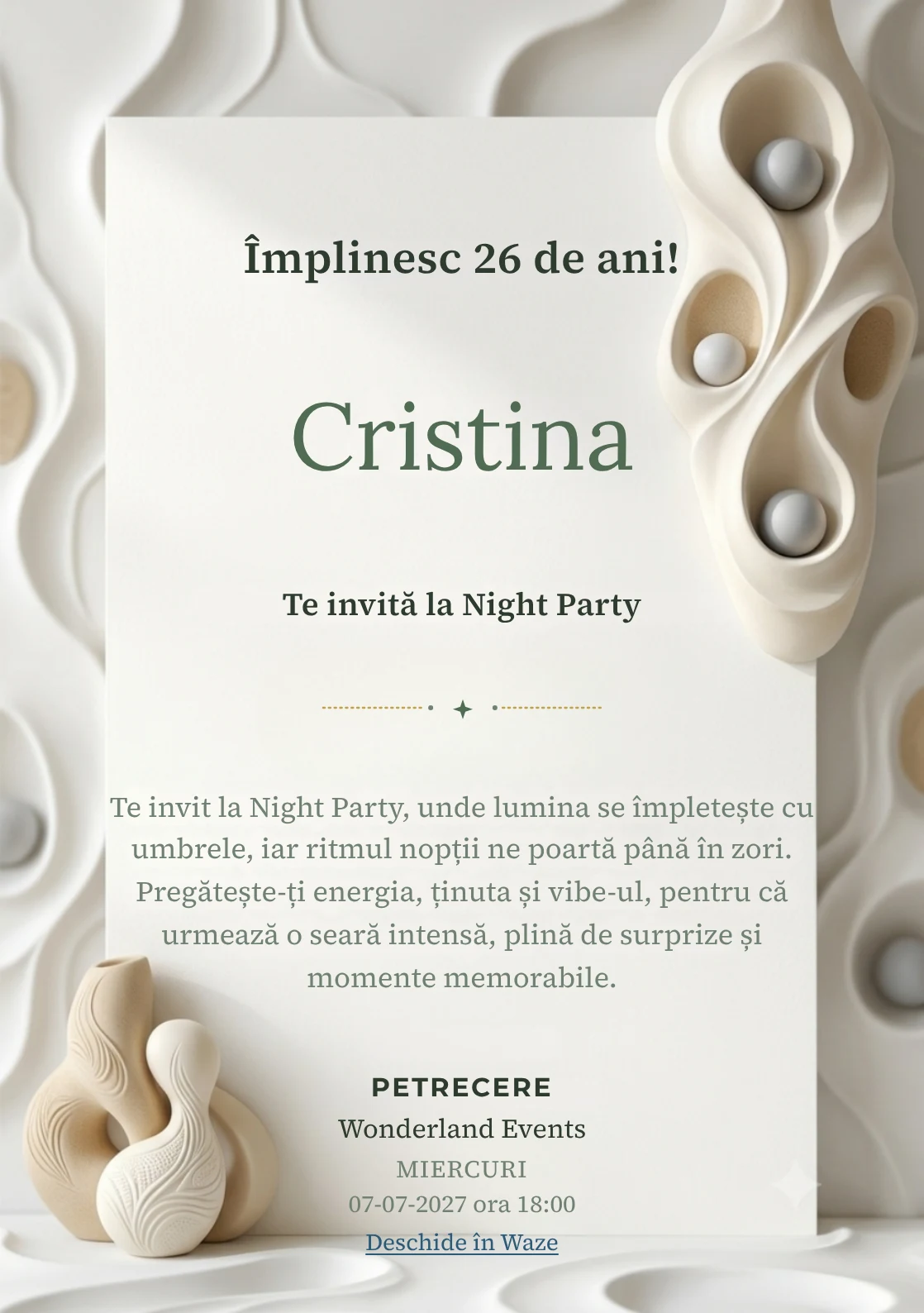 Alb Sculptural este un model de invitații digitale de zi de naștere, definit vizual de o formă sculpturală verticală.