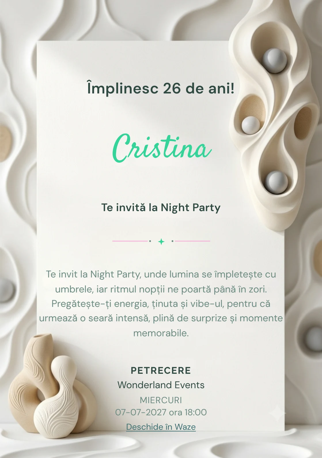 Alb Sculptural este un model de invitații digitale de zi de naștere, definit vizual de o formă sculpturală verticală.