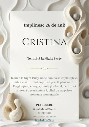 Alb Sculptural este un model de invitații digitale de zi de naștere, definit vizual de o formă sculpturală verticală.