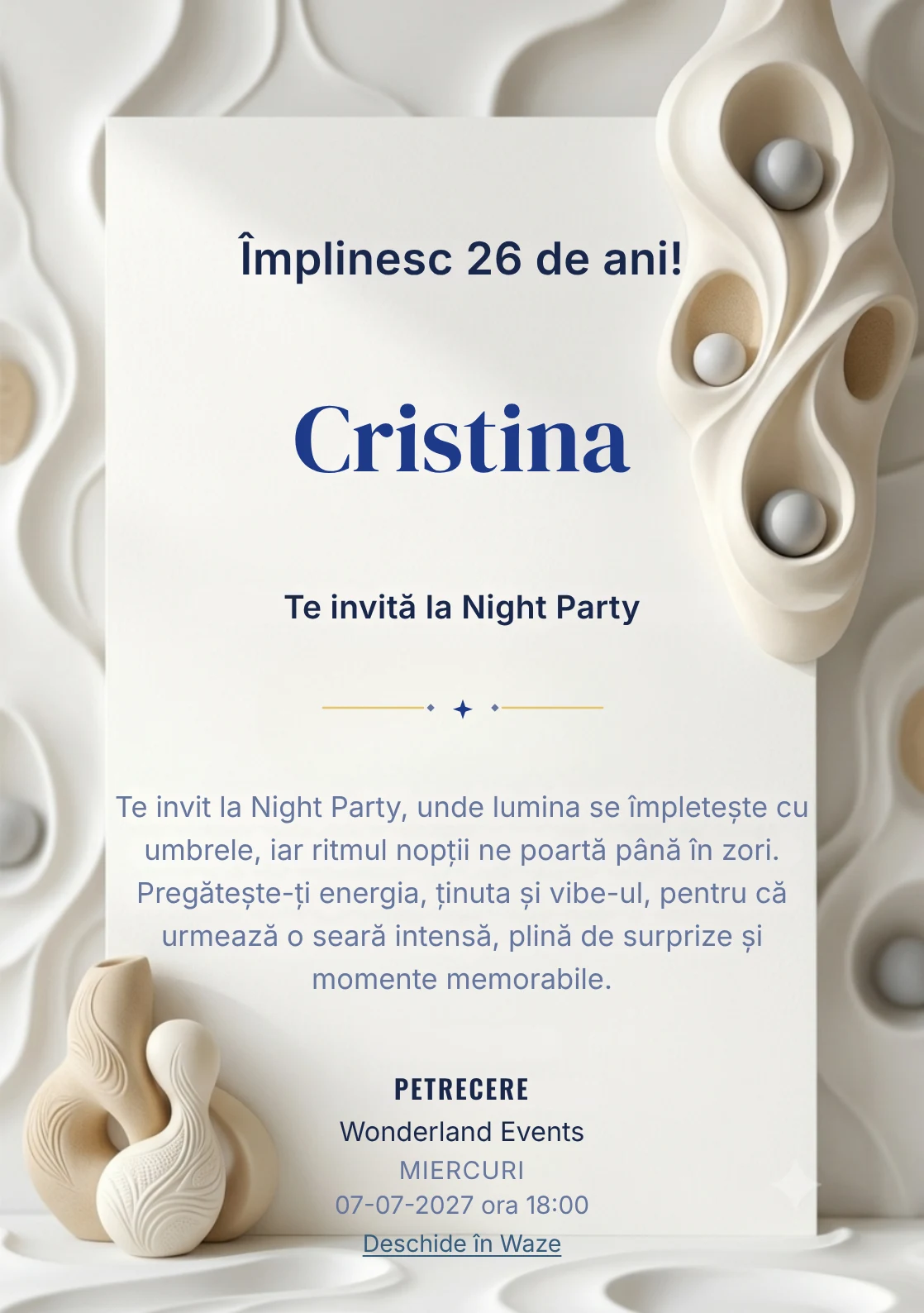 Alb Sculptural este un model de invitații digitale de zi de naștere, definit vizual de o formă sculpturală verticală.