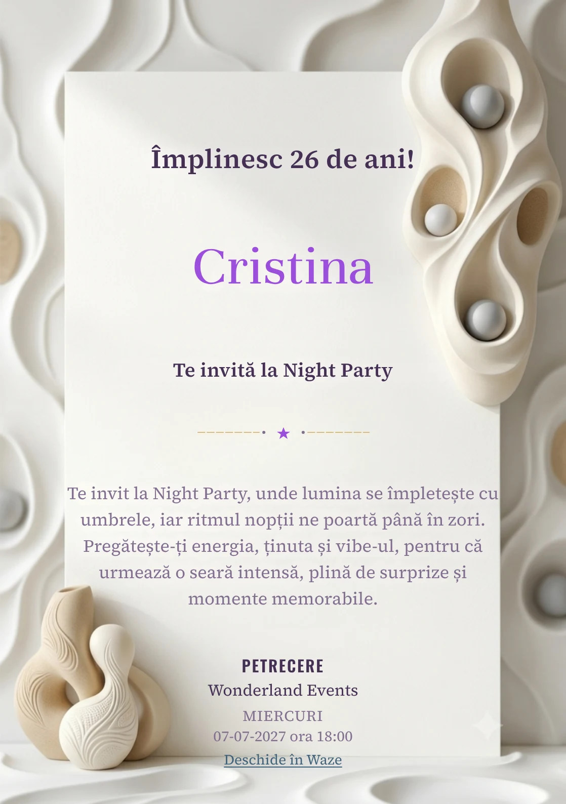 Alb Sculptural este un model de invitații digitale de zi de naștere, definit vizual de o formă sculpturală verticală.