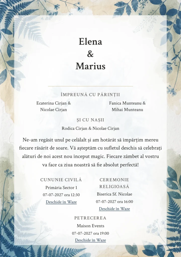 Albastru de Atelier, pentru o invitație de nuntă, prezintă amprentă botanică cianotip, completat vizual de nuanțe de cian albastru spălat, alb bumbac și ocru pal.