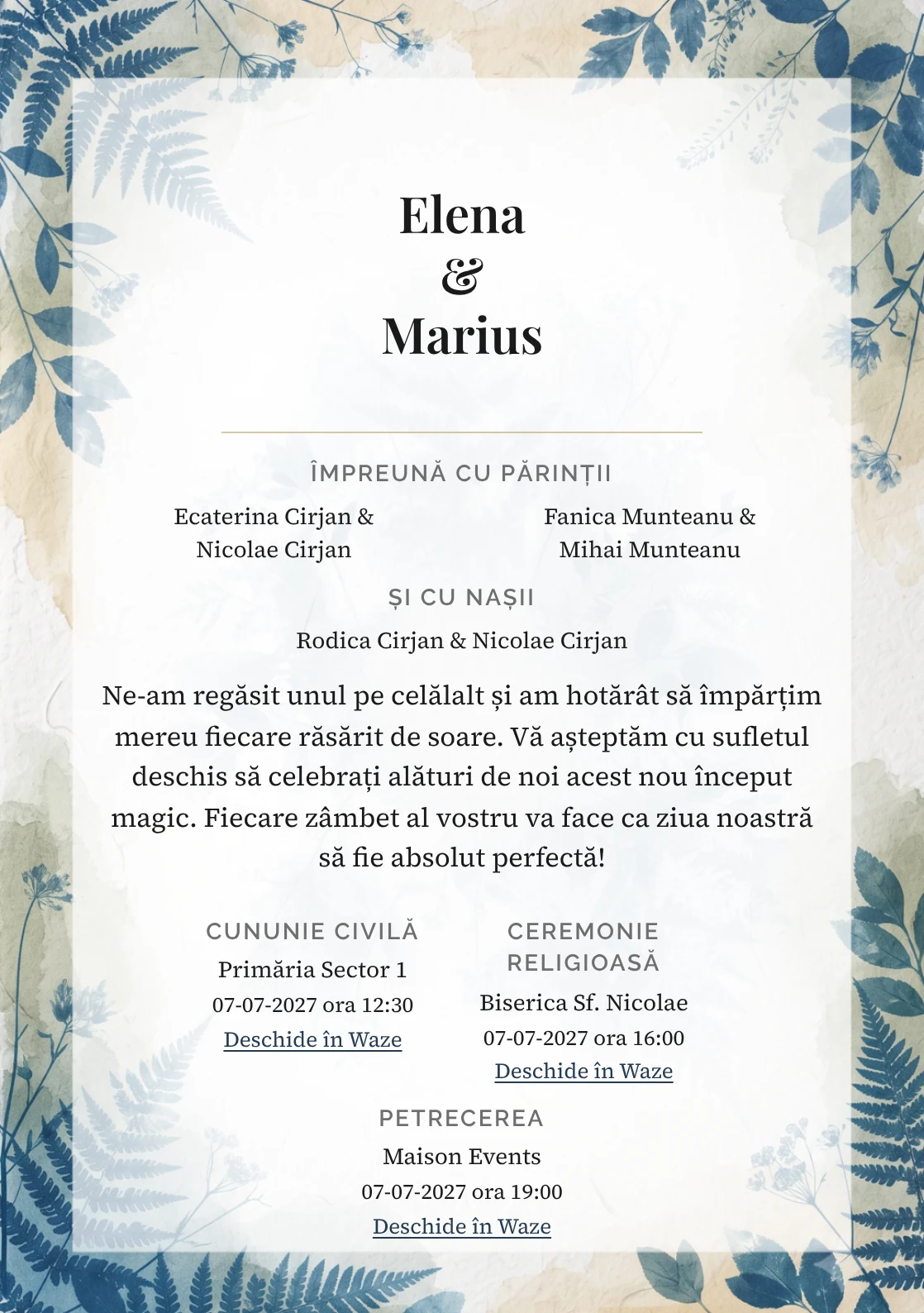 Albastru de Atelier, pentru o invitație de nuntă, prezintă amprentă botanică cianotip, completat vizual de nuanțe de cian albastru spălat, alb bumbac și ocru pal.