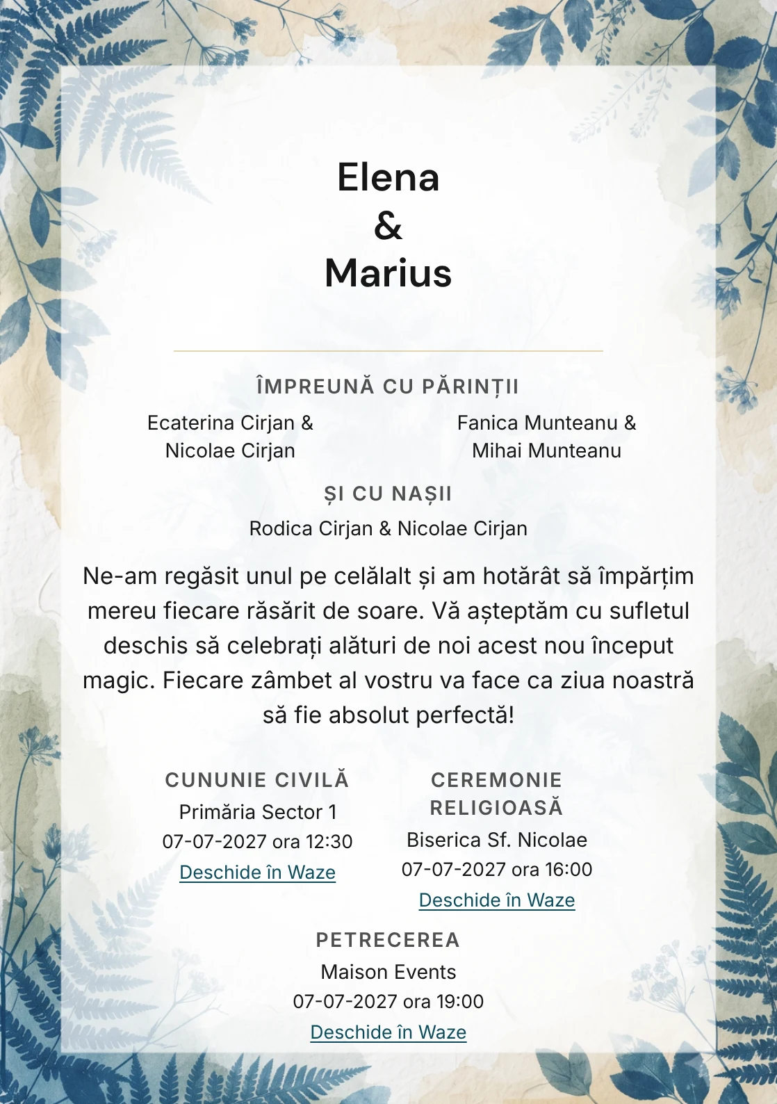 Albastru de Atelier, pentru o invitație de nuntă, prezintă amprentă botanică cianotip, completat vizual de nuanțe de cian albastru spălat, alb bumbac și ocru pal.
