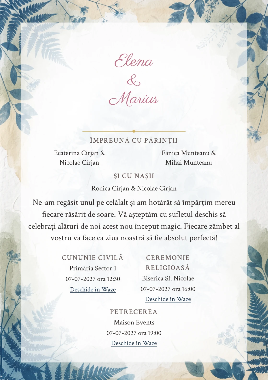 Albastru de Atelier, pentru o invitație de nuntă, prezintă amprentă botanică cianotip, completat vizual de nuanțe de cian albastru spălat, alb bumbac și ocru pal.