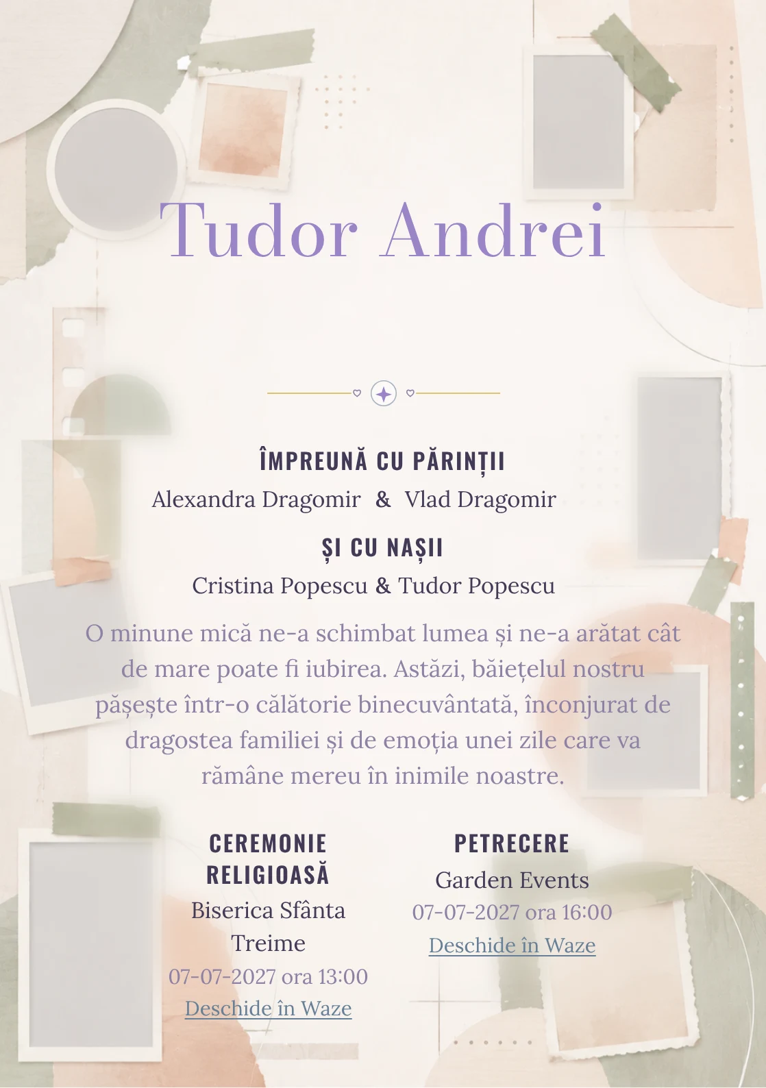 Album Abstract, pentru o invitație de botez, evidențiază o structură de ferestre, alături de benzi de hârtie.