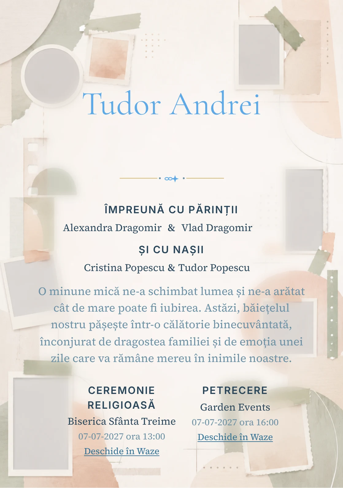 Album Abstract, pentru o invitație de botez, evidențiază o structură de ferestre, alături de benzi de hârtie.